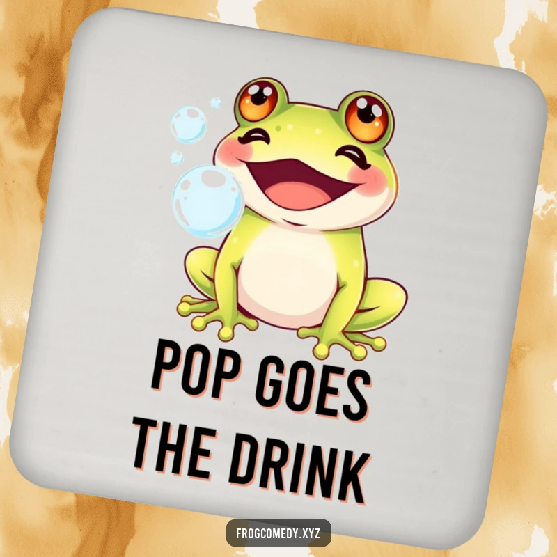 Funny Kawaii frog with a big grin blowing iridescent bubbles, on a drink coaster, adding cute humor and protection to surfaces.