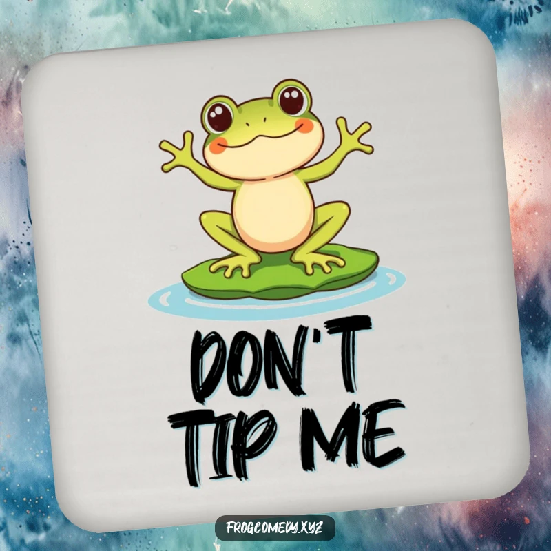 Funny drink coaster with a Kawaii stylized frog character comically balancing on a lily pad, adding playful charm while protecting surfaces.