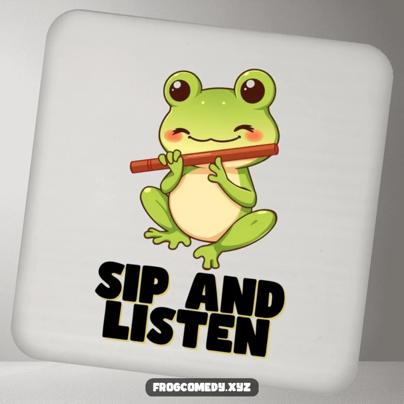 Funny drink coaster with a Kawaii stylized frog character with a big smile playing a tiny flute, adding musical charm while protecting surfaces.