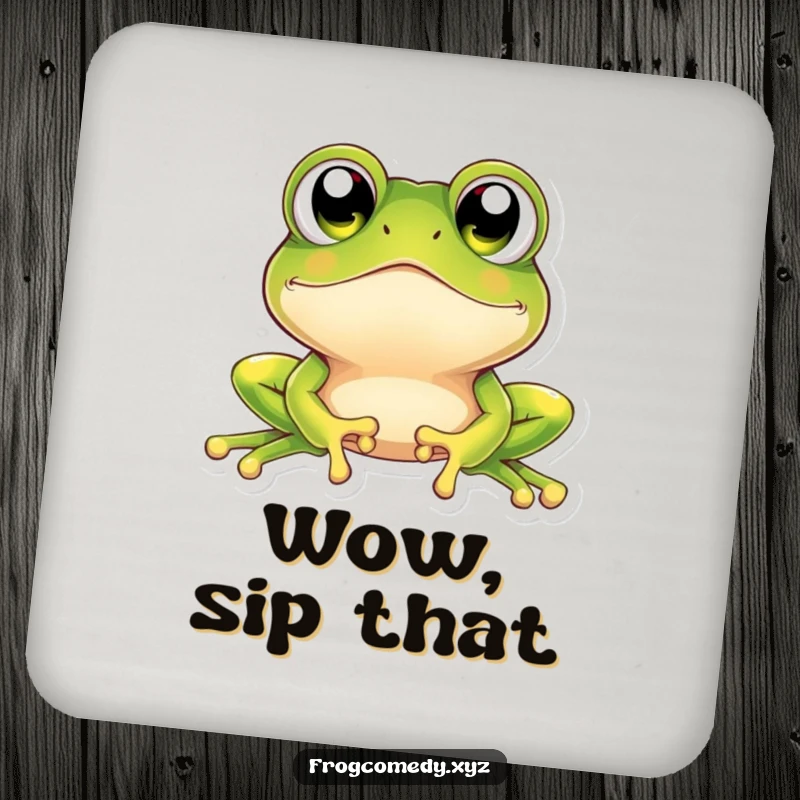 Funny kawaii frog drink coaster featuring a frog with comically large, sparkling eyes looking upwards in sweet, innocent amazement.