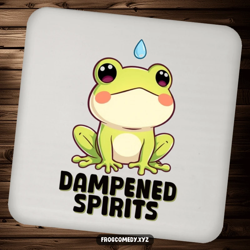Funny Kawaii frog drink coaster, protects surfaces with a cute frog looking surprised by a raindrop, humorous table accessory.