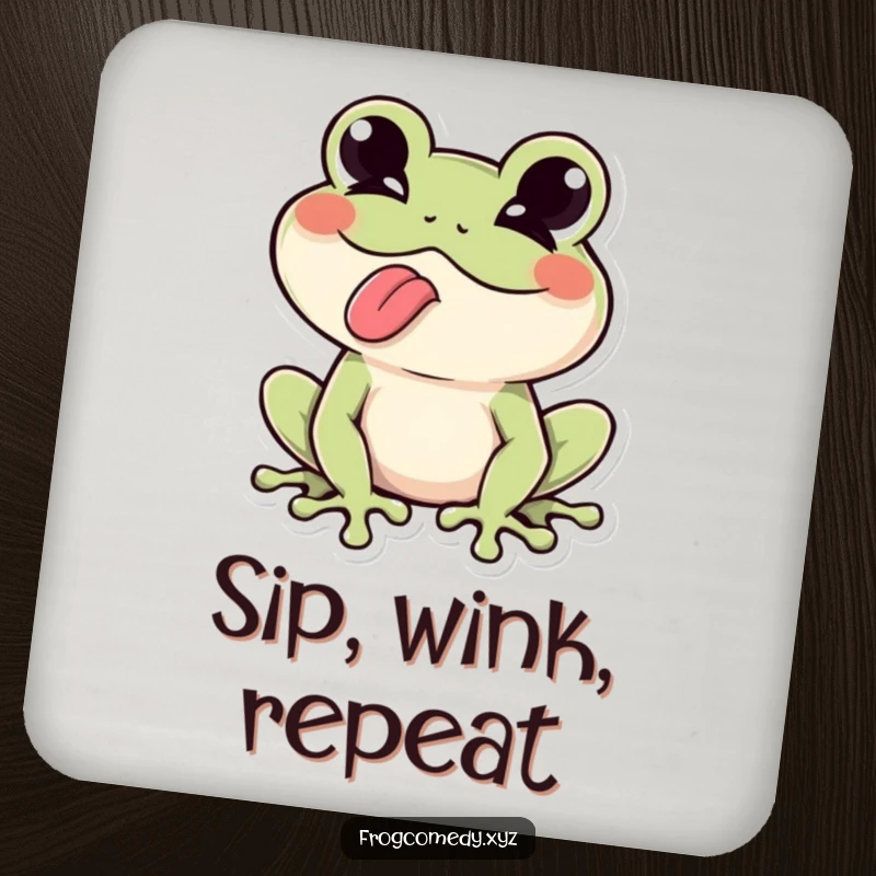 Funny Kawaii frog winking playfully, tongue sticking out, displayed on this durable coaster for a touch of humor.