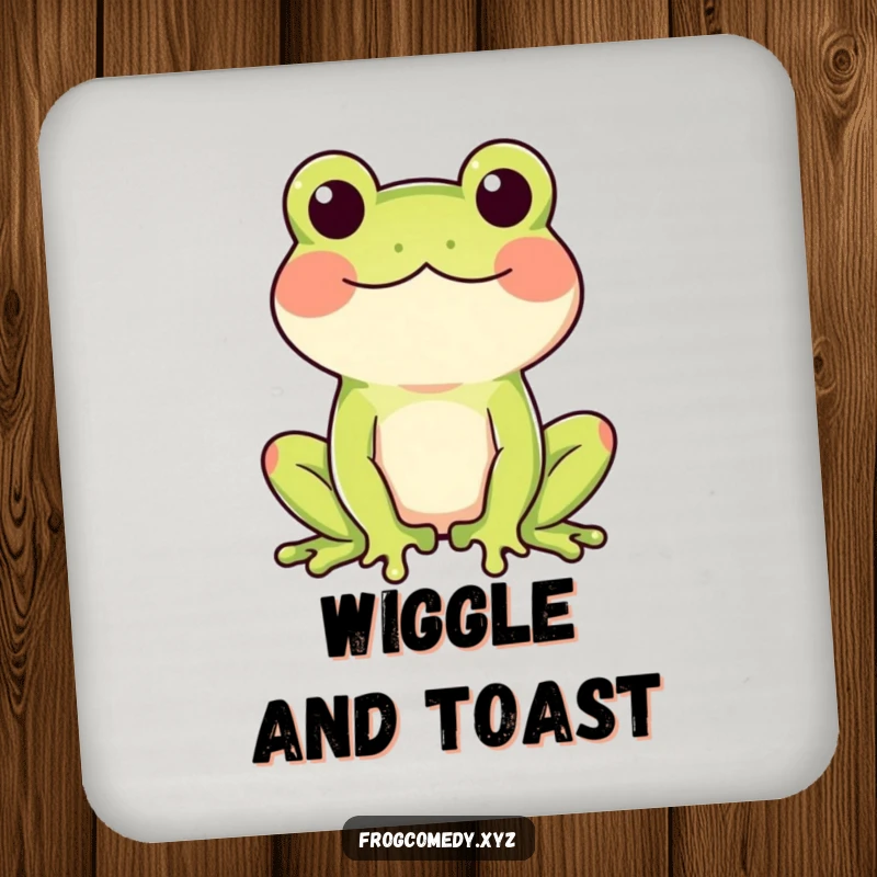 Funny drink coasters with a rosy-cheeked frog doing a happy wiggle, adding cheerful flair.