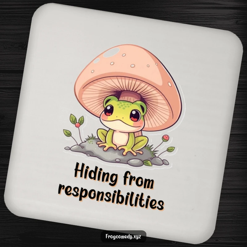 Funny frog peeking from under a big mushroom, absorbent drink coaster, cute table protector, perfect humorous gift.