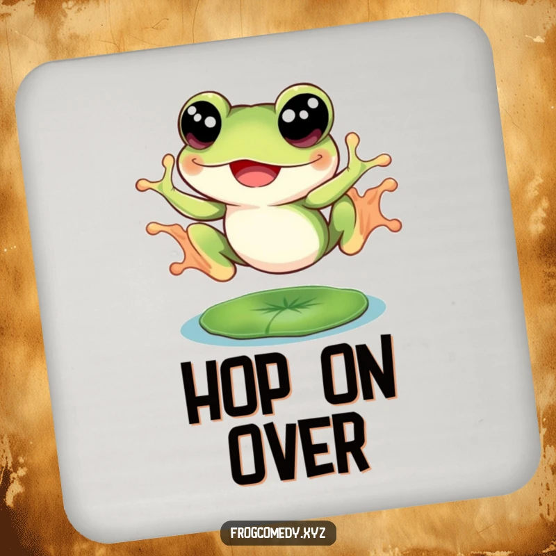 Funny frog with big eyes, joyfully leaping from a lily pad, on drink coasters, for humorous table protection.