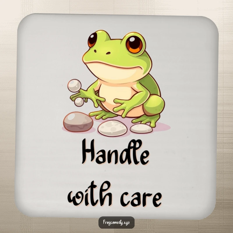 Funny drink coaster showcasing a determined kawaii frog juggling three shiny pebbles, protecting surfaces with humorous focus.