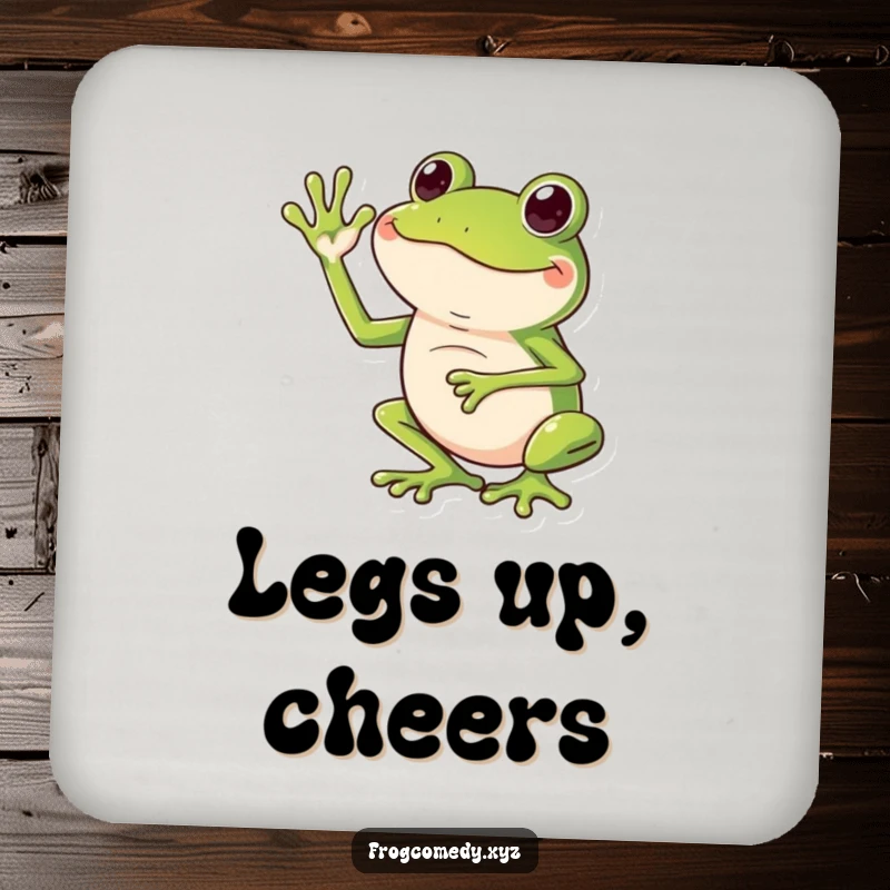 Funny drink coaster featuring a frog giving an exaggerated wave with its long legs.