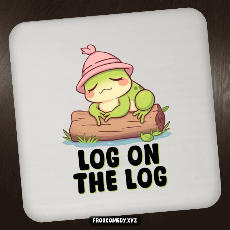 Funny coaster with a sleepy frog wearing a hat, dozing on a log.