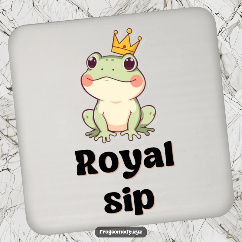 Funny kawaii frog crown drink coaster featuring a cute amphibian wearing a small crown, offering protection with regal yet playful style.