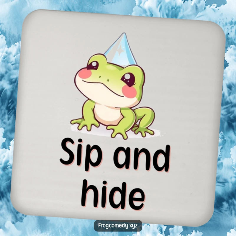 Funny Kawaii frog drink coasters featuring a cute frog peeking from behind a sparkly raindrop, a humorous addition to any table.