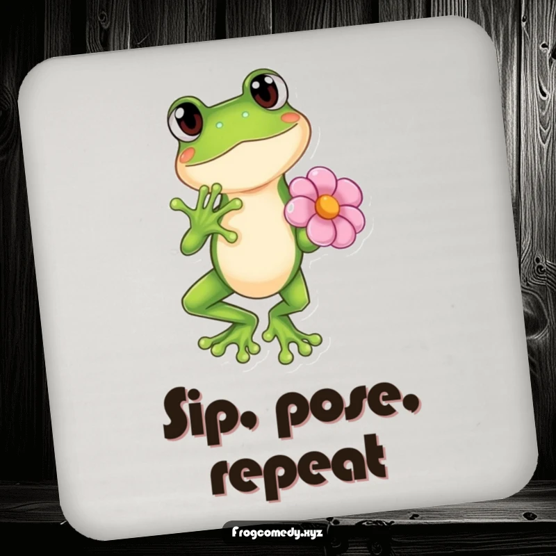 Funny Kawaii frog in a dramatic pose with a flower, cute anime drink coaster, protective surface art, gift.