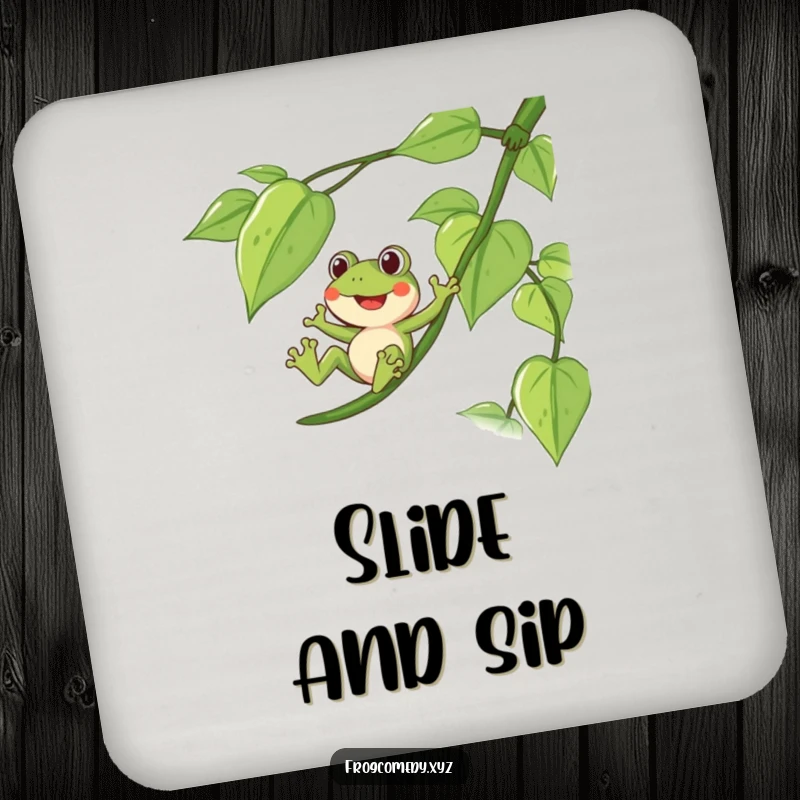 Funny drink coasters with a delighted frog sliding down a long, leafy vine, adding jungle flair.