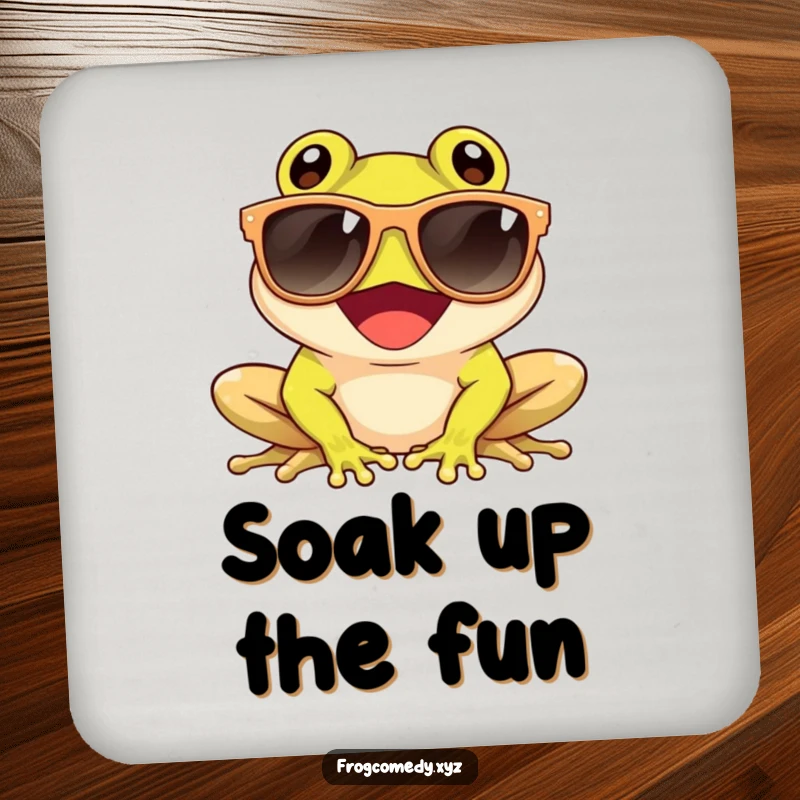 Funny drink coaster featuring a giggling frog wearing sunglasses and enjoying the sun, adding cool amphibian humor to tabletops.