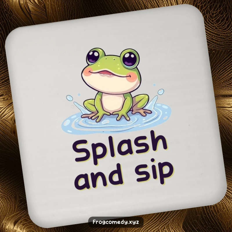 Funny drink coaster featuring a happy frog splashing water in a puddle, eyes wide with amusement.