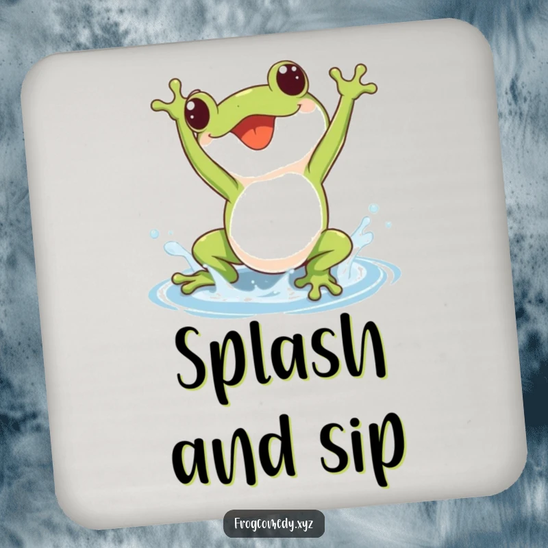 Cute kawaii frog doing a joyful somersault with a small splash, printed on a protective drink coaster.