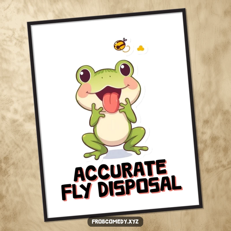 Funny frog character in the act of catching a fly with its long, extended tongue, displayed as humorous wall art.