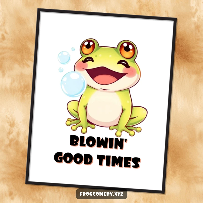 Funny Kawaii frog with a wide grin blowing shimmering bubbles, depicted as cute wall art, adding playful joy and charm to any space.