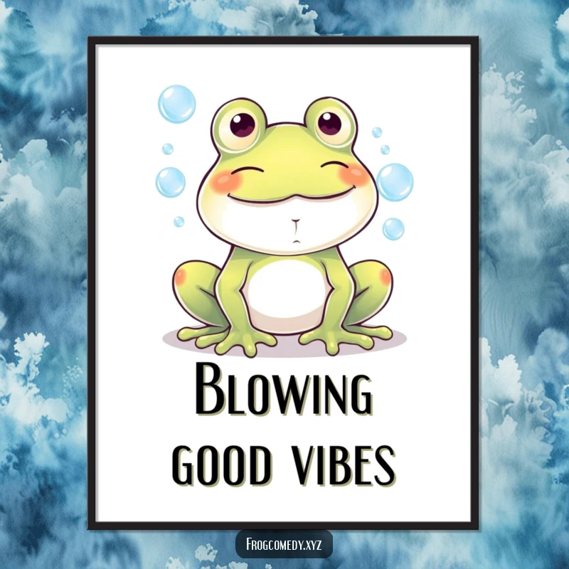 Funny Kawaii frog with a huge grin, blowing beautiful bubbles, displayed on this cheerful and humorous poster.