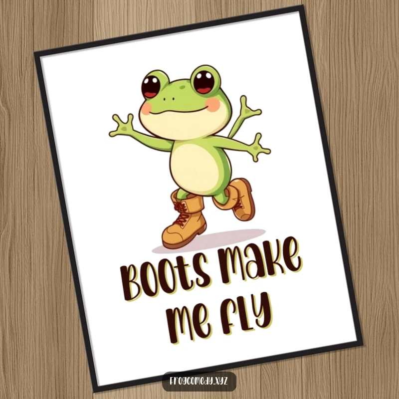 Funny Kawaii frog in comically large boots, joyfully leaping across the space, displayed on this vibrant and humorous poster.