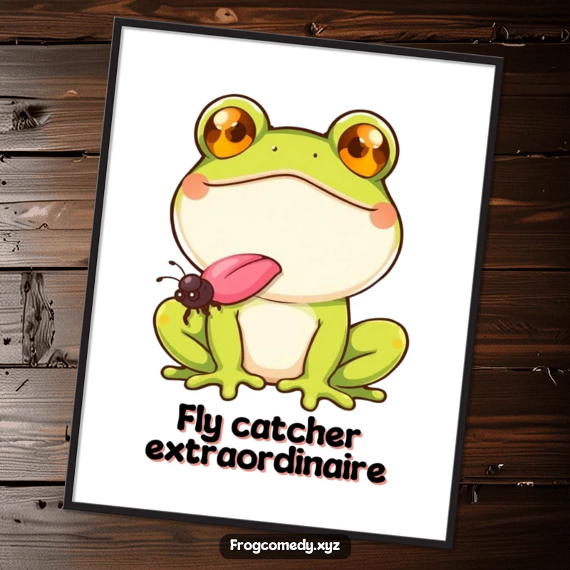 Funny frog with a wide smile, catching a fly with its tongue, displayed as a vibrant poster, adding playful charm.