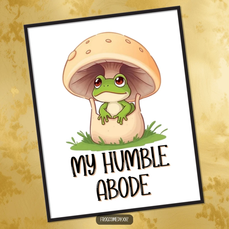 Funny poster print of a curious frog peeking from inside a large, hollowed-out mushroom.