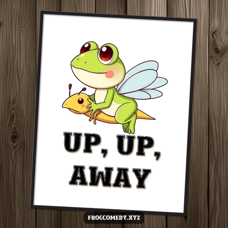 Funny poster art of a frog character soaring on a friendly dragonfly, embodying a sense of whimsical adventure and fun.