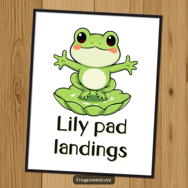 Funny frog poster, a happy frog mid-jump towards a lily pad, whimsical pond art for cheerful decor.