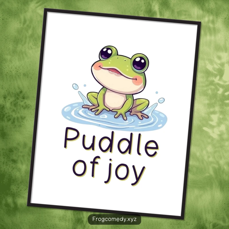 Funny poster featuring a cheerful frog splashing water, eyes wide with pure amusement.