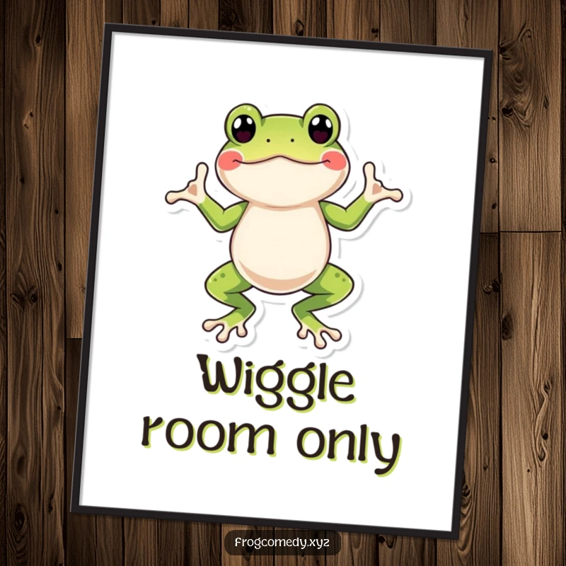 Funny frog poster capturing a whimsical amphibian in mid-wiggle dance, its webbed feet a blur of joyful motion.
