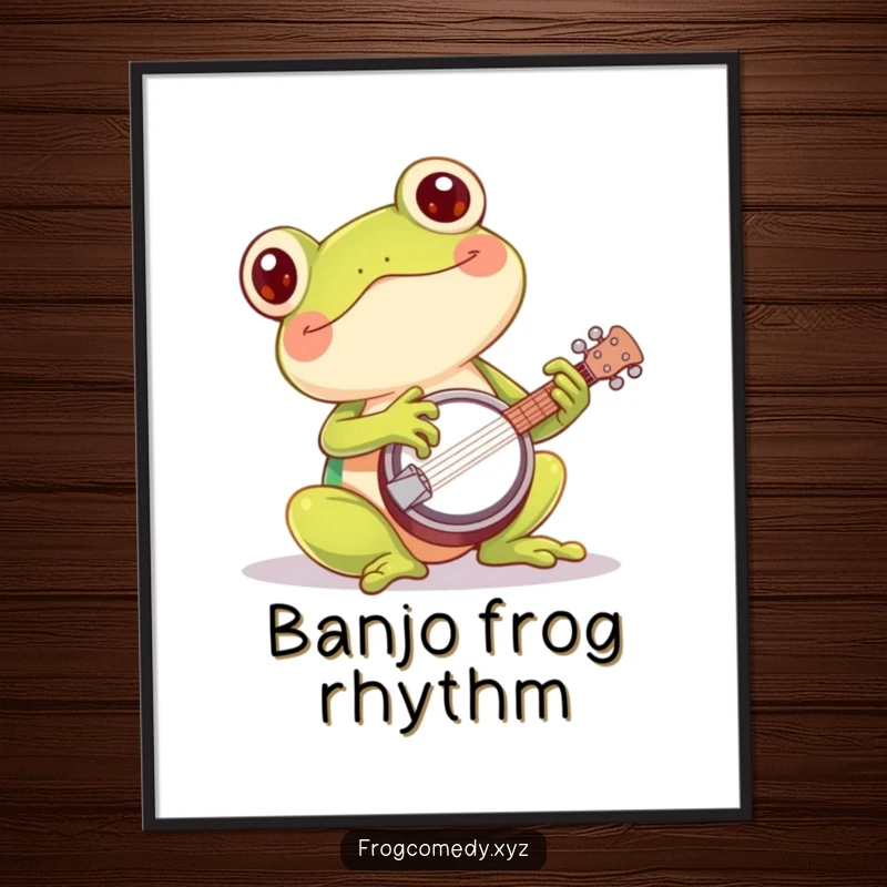 Funny kawaii frog banjo poster depicting a cute amphibian playing a tiny banjo with passion, perfect for vibrantly cheerful wall art.