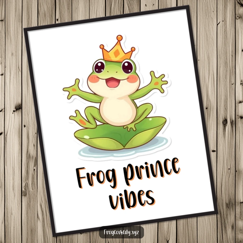 Funny kawaii frog poster, wearing a crown and leaping from a lily pad, embodying pure joy and whimsical charm.