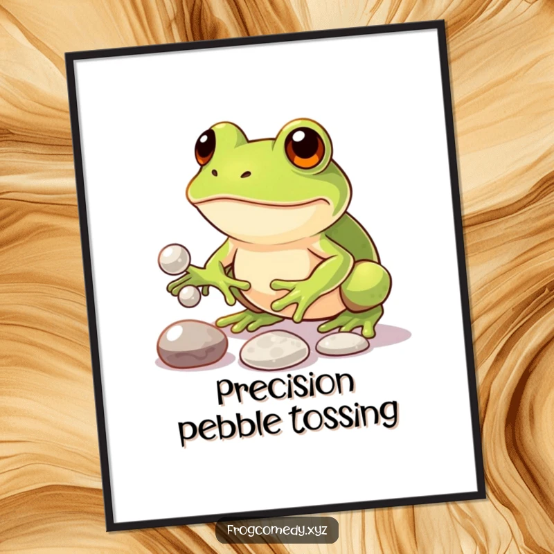 Funny poster featuring a cute kawaii frog with an intense, funny expression, expertly juggling three shiny pebbles, showcasing focus and skill.
