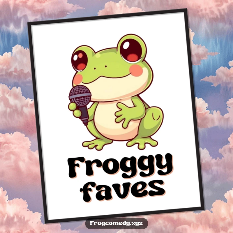 Funny Kawaii frog poster showing a cute frog holding a tiny microphone and croaking cheerfully, a delightful piece of wall art.