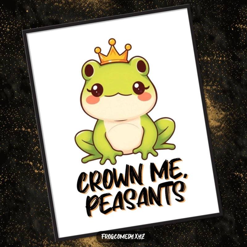 Funny Kawaii frog king wearing a tiny crown, showcasing majestic charm and humor as wall art, perfect funny gift.