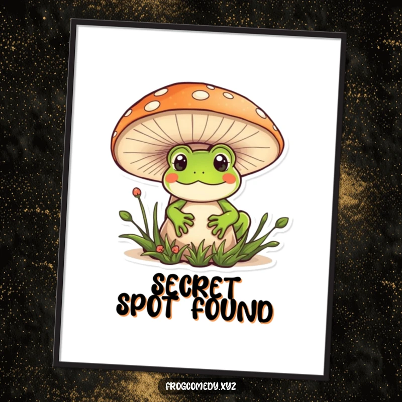 Funny Kawaii frog poster featuring a cute frog peeking behind a mushroom, offering whimsical and humorous wall art.