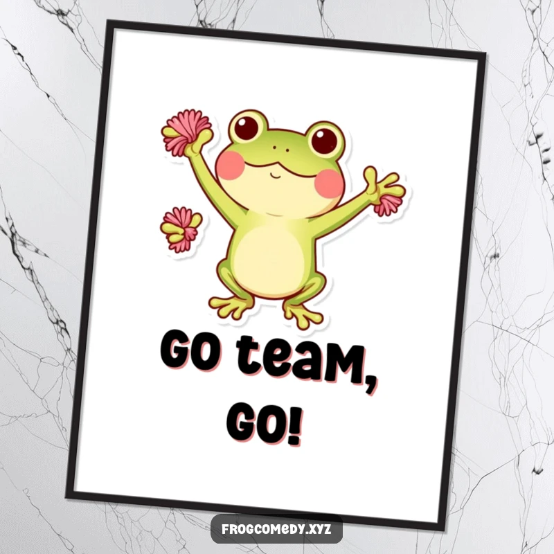 Funny Kawaii frog poster featuring a cute frog cheering with pom-poms, a lively and humorous piece of wall art.
