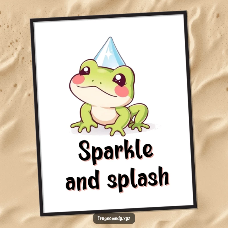 Funny Kawaii frog poster showing a cute frog peeking playfully from behind a sparkly raindrop, a delightful piece of wall art.