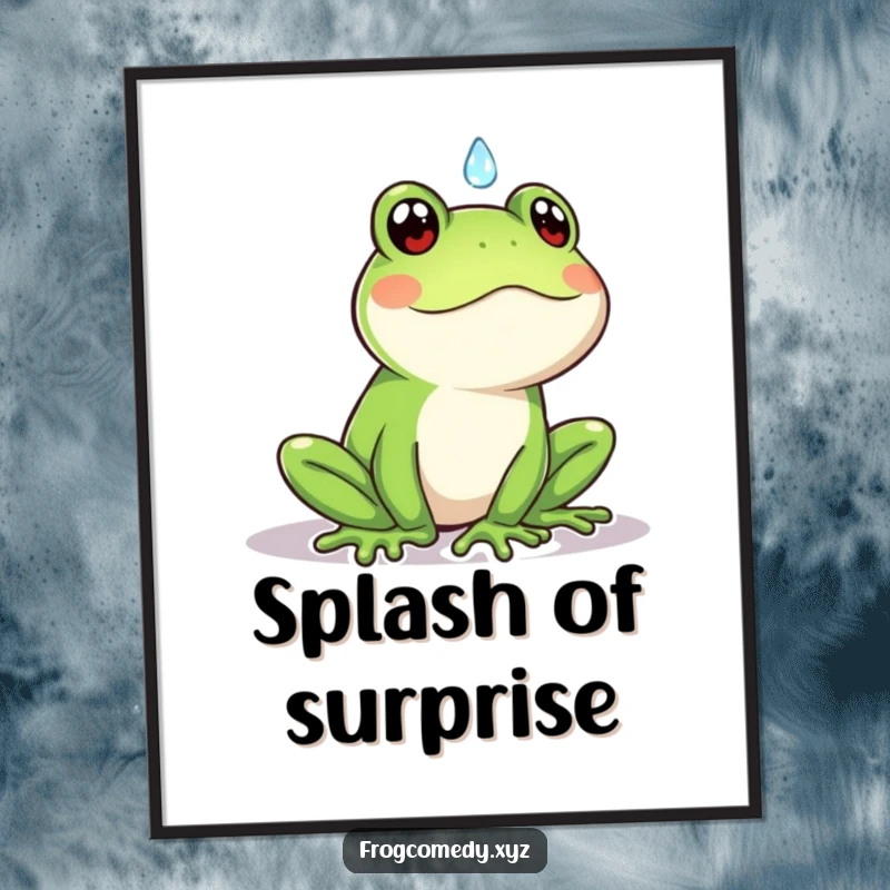 Funny Kawaii frog poster featuring a cute frog looking surprised by a falling raindrop, offering humorous and relatable wall art.
