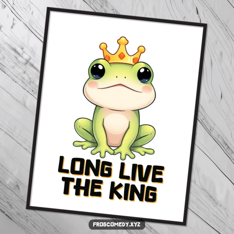 Funny regal frog king poster art, showcasing a crowned amphibian in a majestic pose, adding a touch of royal humor and elegance to any room.