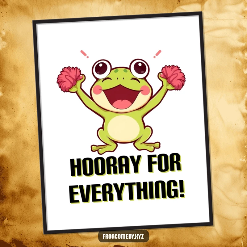 Funny Kawaii Frog Poster: A motivational art print of a cheering Kawaii frog with tiny pom-poms, bringing energy and happiness to any room.