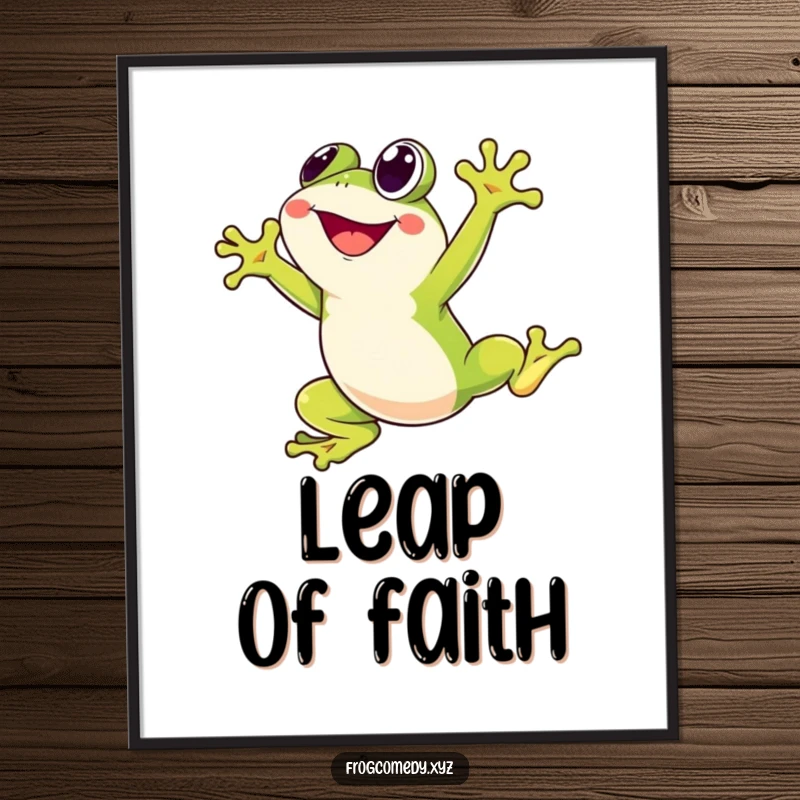Funny poster featuring a Kawaii stylized frog character joyfully leaping high into the air, ideal wall art for adding a burst of cheerful energy.