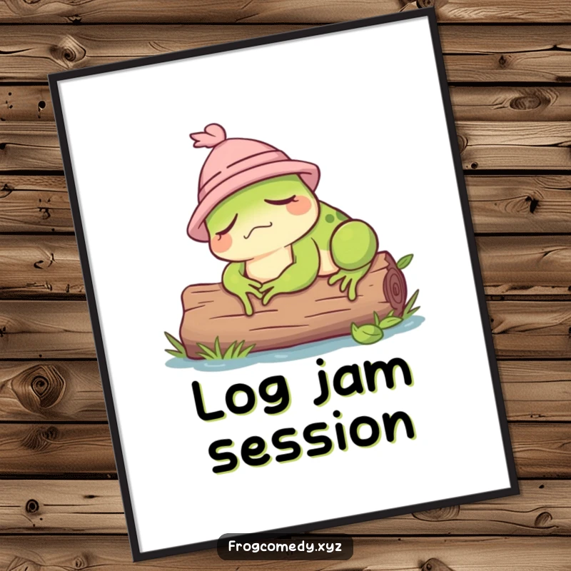 Funny poster print of a frog wearing a small hat, taking a nap on a log.