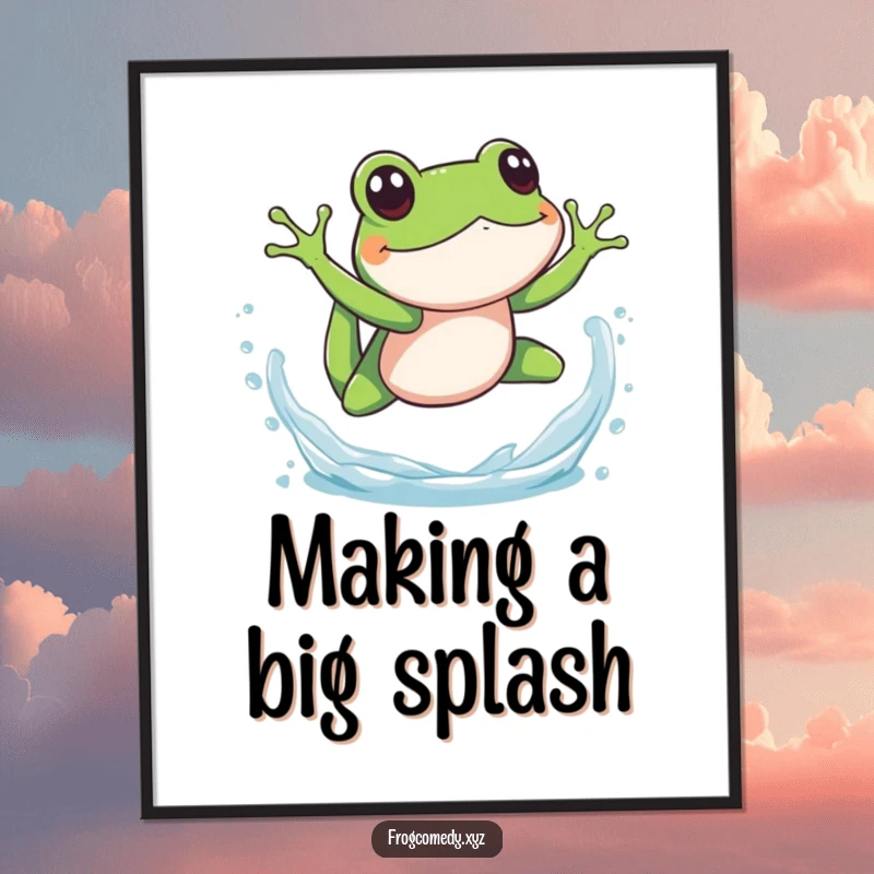 Funny splashy frog dive poster art, showcasing an amphibian mid-jump into water, creating a dynamic and humorous visual for poolside or bathroom decor.