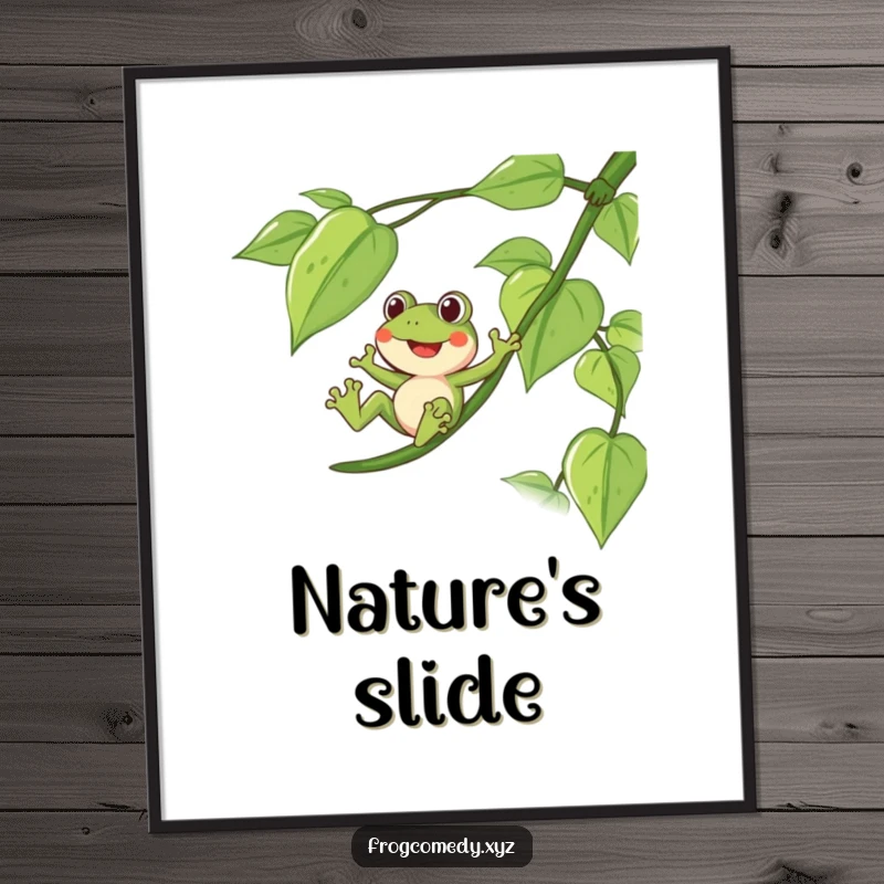 Funny poster of a delighted frog sliding down a long, leafy vine, ideal for jungle-themed decor.