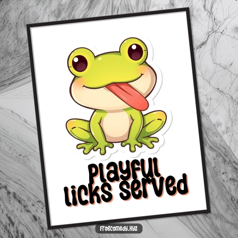 Funny poster featuring a kawaii frog character sticking out its long, sticky tongue playfully, symbolizing cute and humorous wall art.