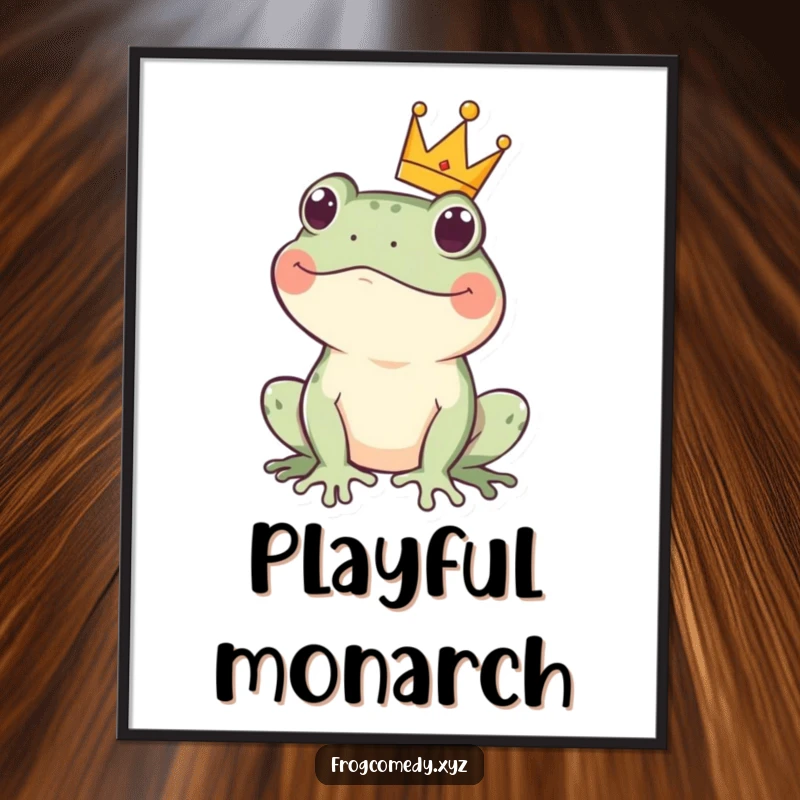 Funny kawaii frog crown poster depicting a cute amphibian in a tiny crown, looking regal yet approachable and playful.