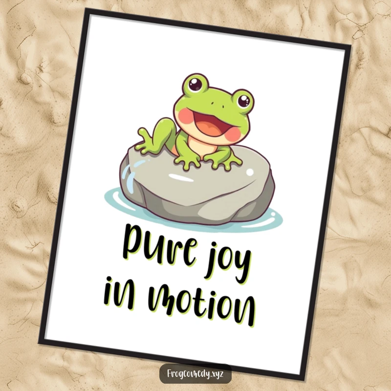 Funny poster print of a happy frog with a gleeful expression sliding down a wet rock.