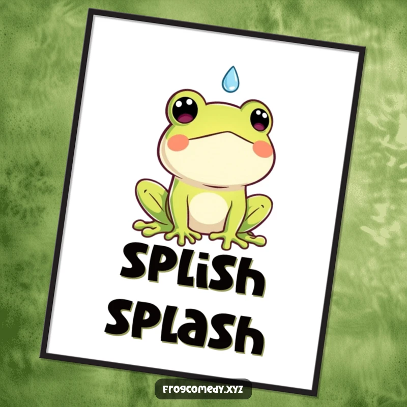 Funny Kawaii frog poster, illustration of a cute frog looking startled by a falling raindrop, humorous and charming wall decor.