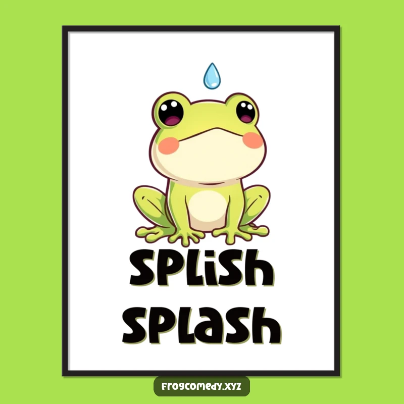 Funny Kawaii Frog Poster: Surprised by Raindrop, Whimsical Wall Art Gift!