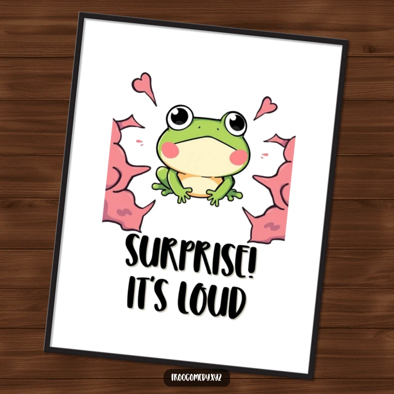 Funny Kawaii Frog Poster, a frog with wide eyes surprised by a boom, humorous wall decor.